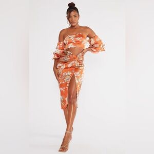 PrettyLittleThing 🌸Rust Floral🌸 Satin Frill Sleeve Twist Midi Dress - SZ 6